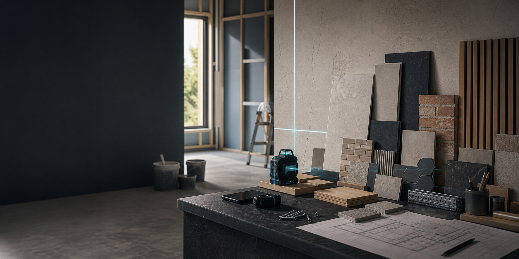 Construction enquiry desk with material samples, phone, house key and cyan desk lamp glow