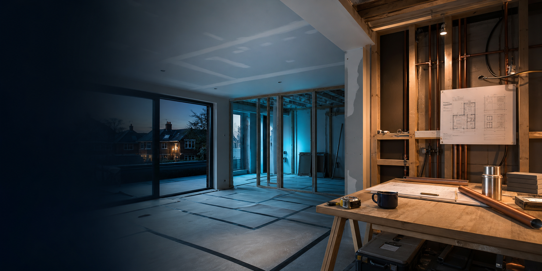 Bespoke construction process tabletop with translucent plans, cyan marks, ruler and timber sample