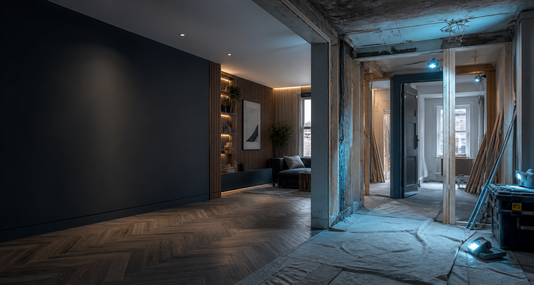 Bespoke construction materials studio with cyan level lines and installation samples