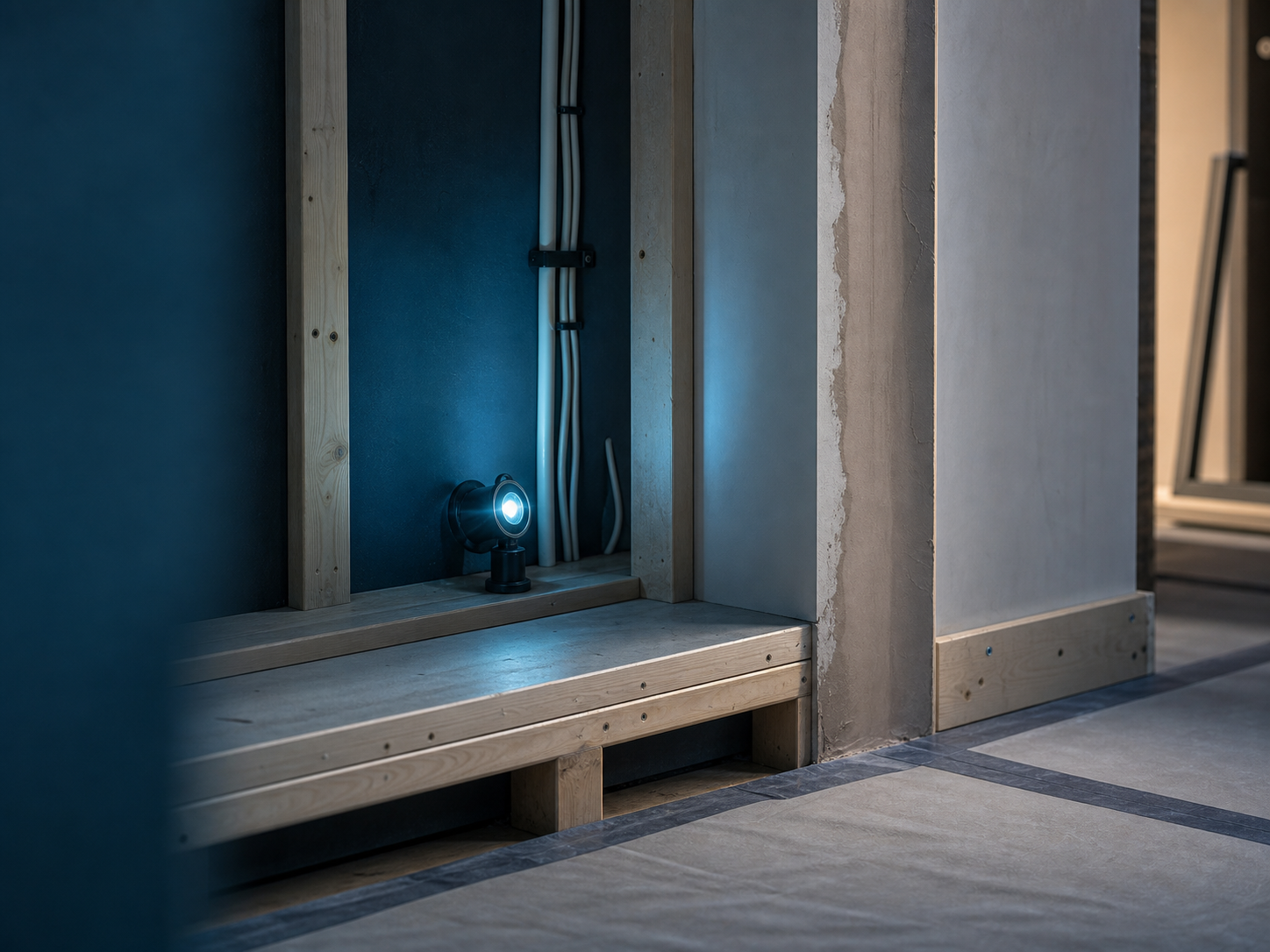 Domestic building detail with clean plaster, timber stud and cyan inspection light