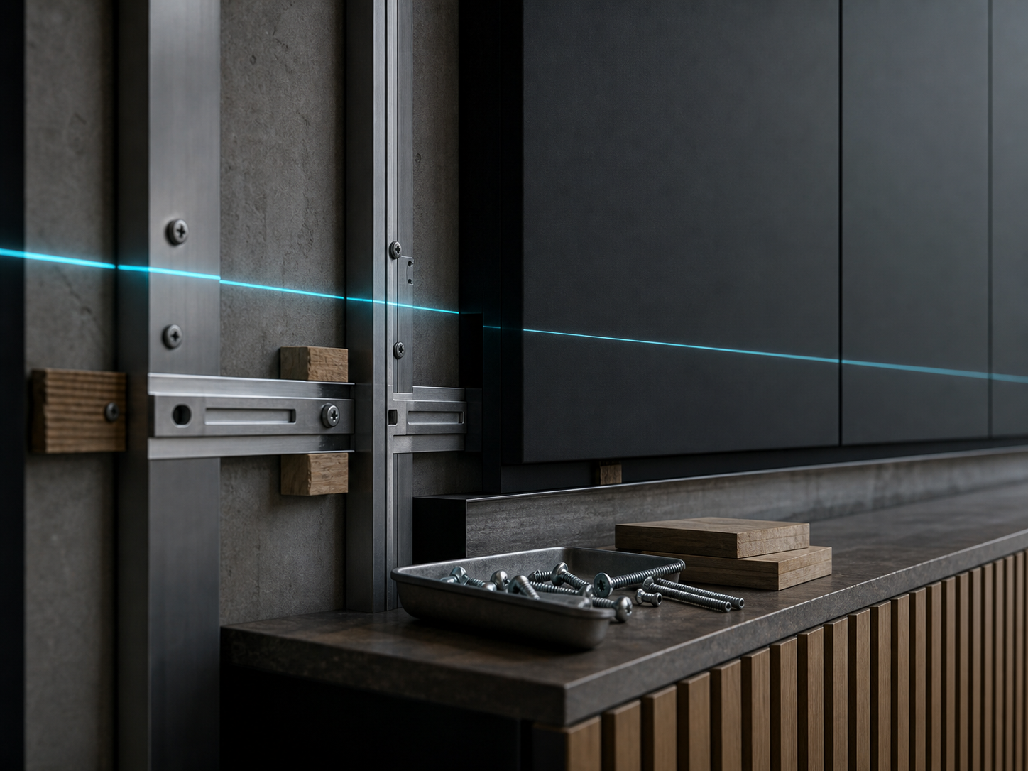Precision construction installation detail with level line, brackets and timber spacers