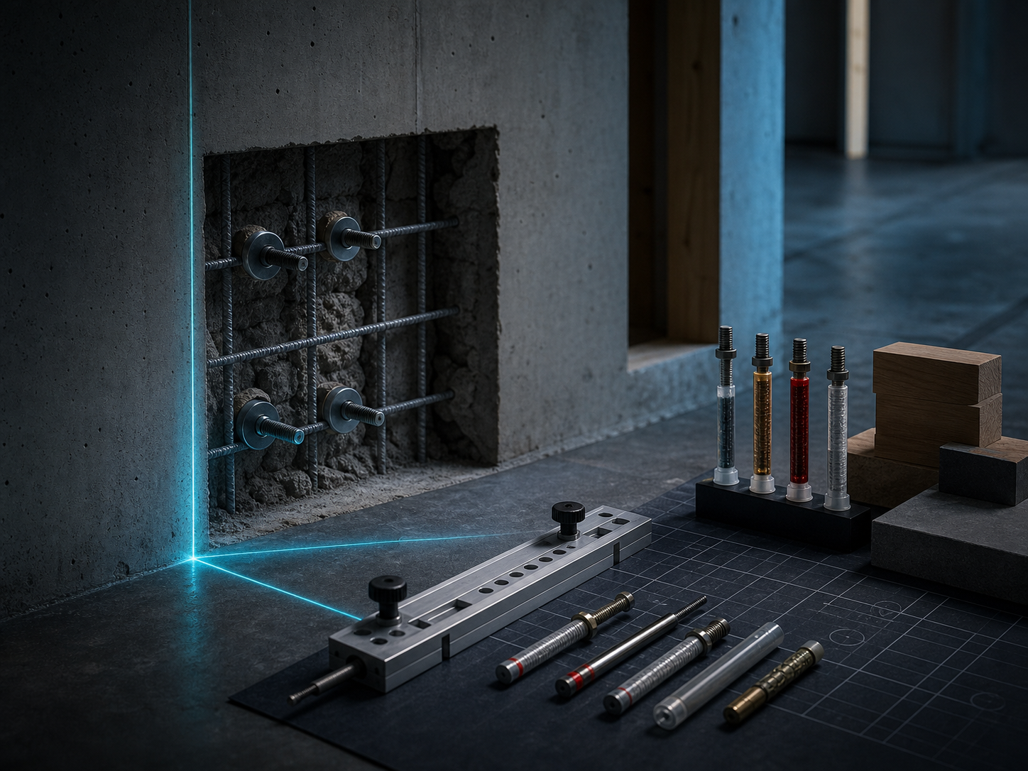 Specialist construction preparation with reinforcement detail and dust-controlled drilling guide