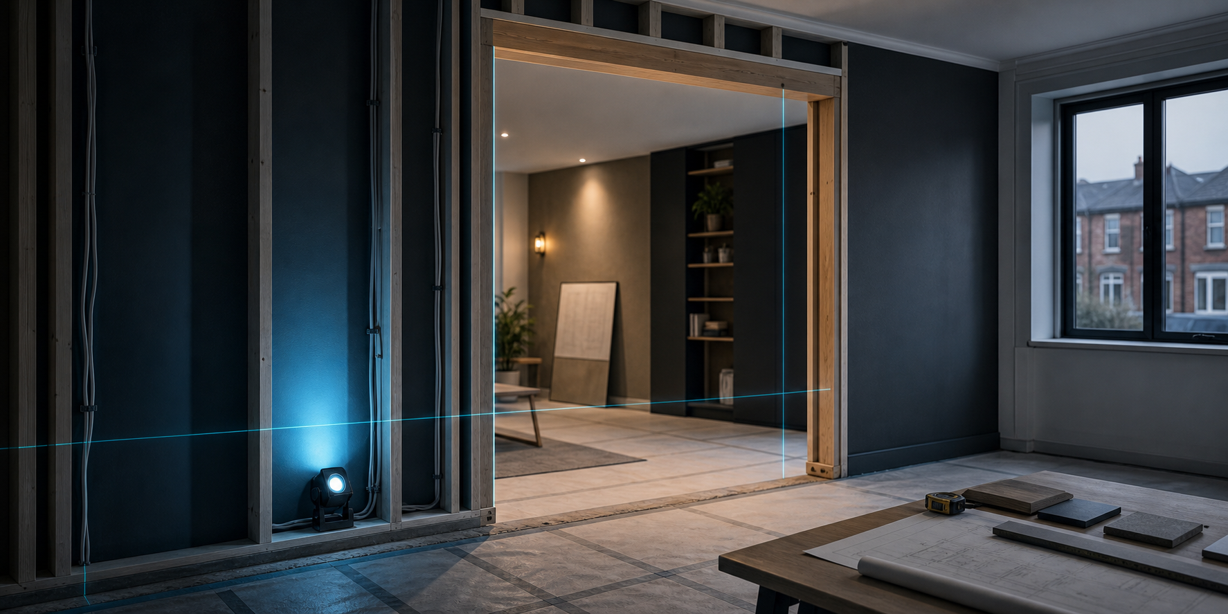 Residential room mid-upgrade with careful wall opening, floor protection and cyan measuring light