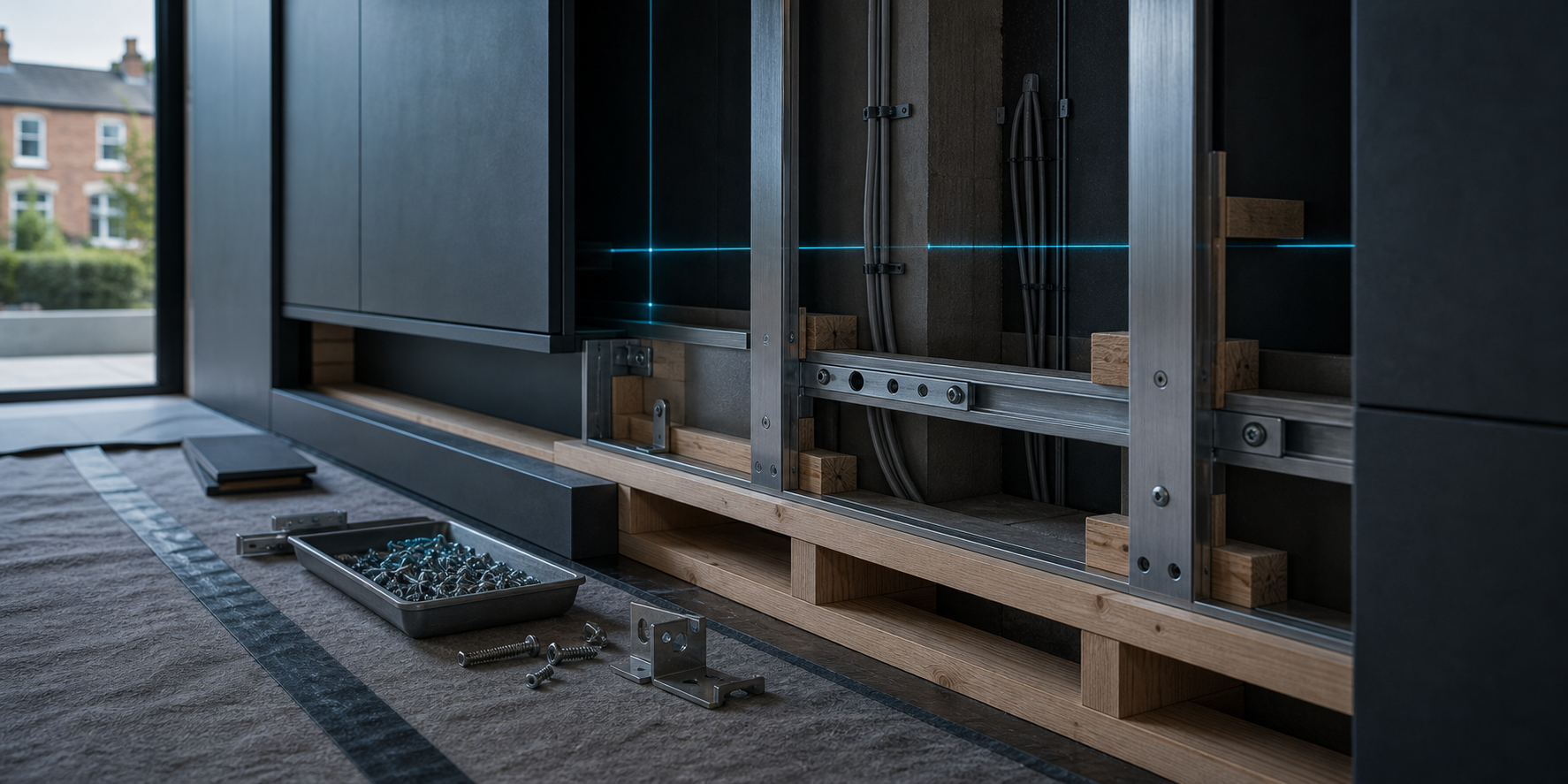 Clean construction installation stage with cabinet wall frame, hidden service cavity and alignment lines